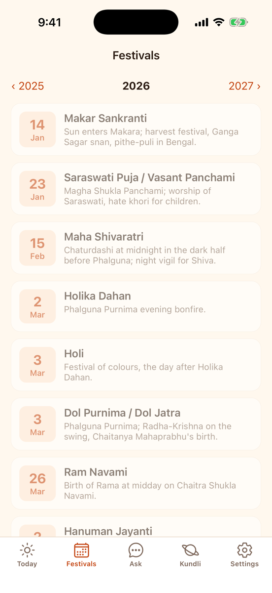 Festivals screen: the year's festivals with dates