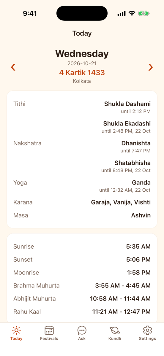 Today screen: tithi, nakshatra, sunrise and Rahu kaal for Kolkata